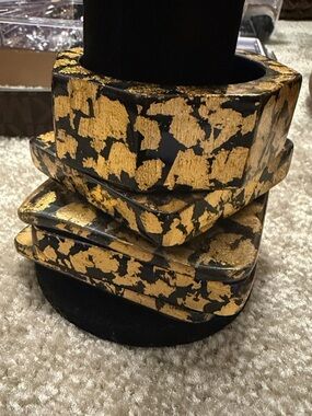 Stacked Gold Leaf Black Bangle Set
